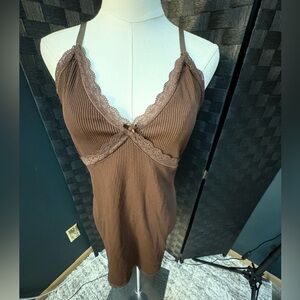 H&M Chocolate Brown Ribbed Lace-Trim Slip Dress